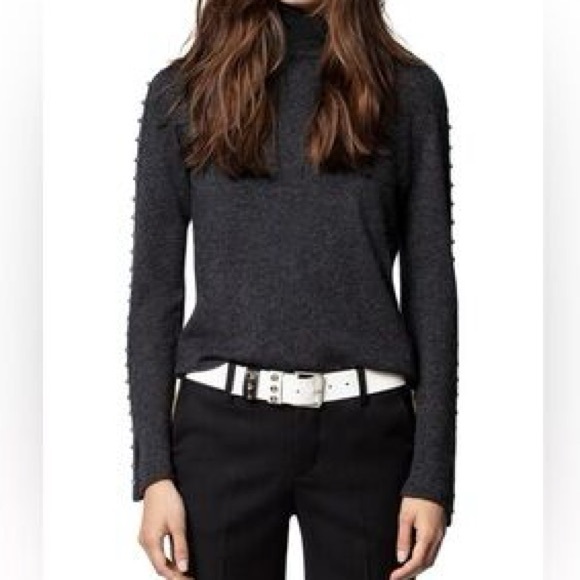 Zadig & Voltaire Merino Wool Cashmere Studded Mock Neck Sweater Charcoal Small - Picture 3 of 15